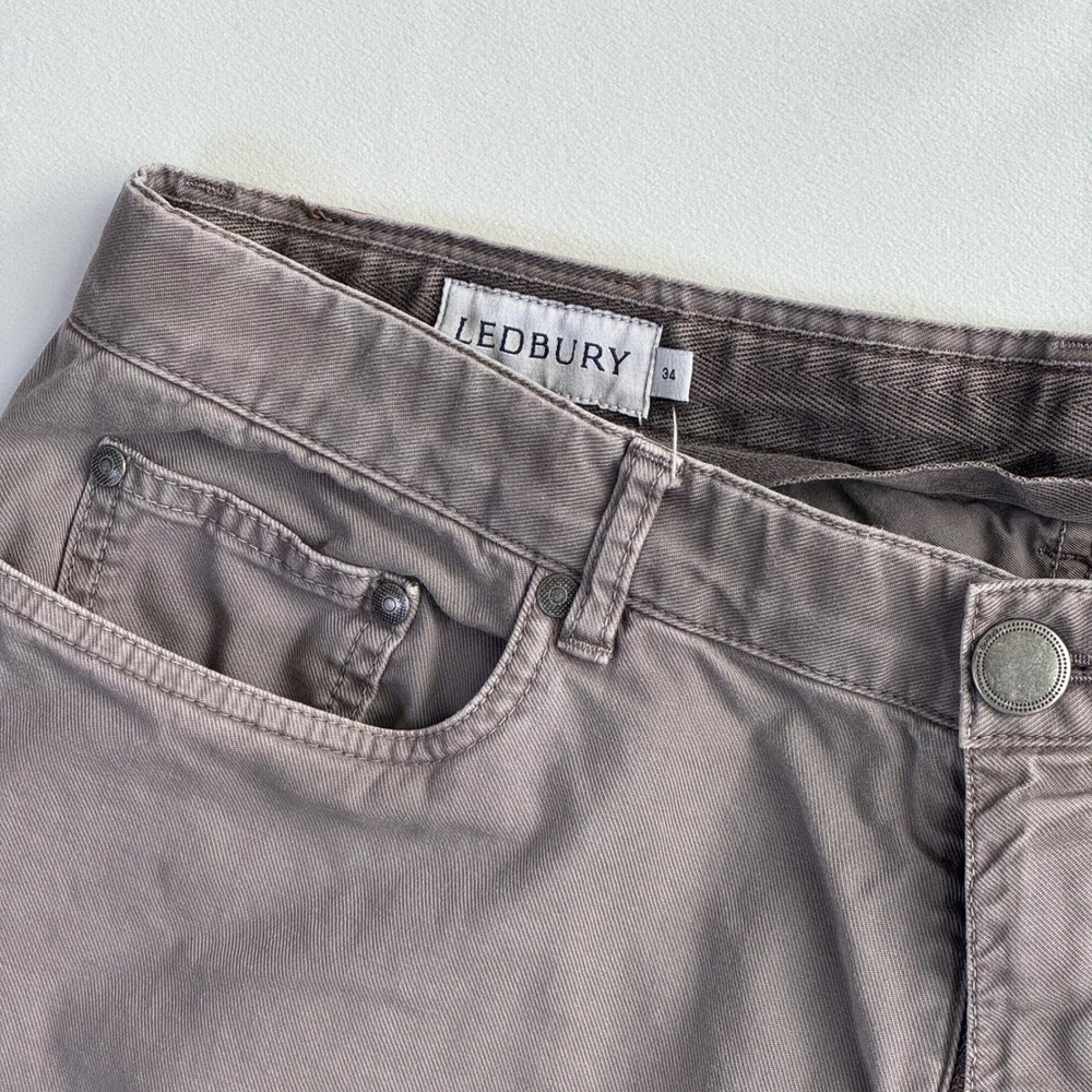 Ledbury Mens 34/28 Straight Leg 5-Pocket Cotton Twill Pants Taupe Grey Hemmed - Picture 2 of 10
